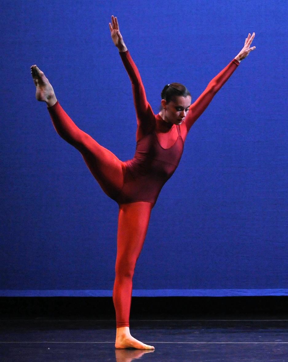 A person in a red leotard

Description automatically generated