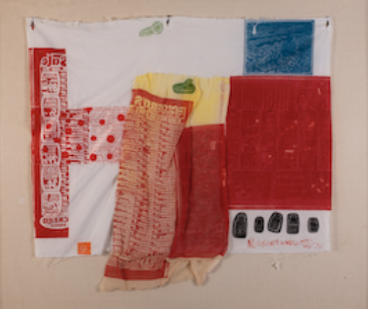 A red and blue fabric with white text

Description automatically generated with medium confidence